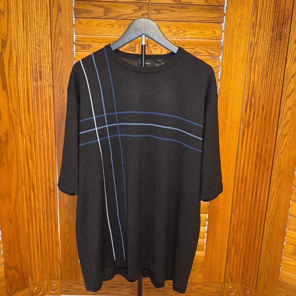 Claiborne Mens XL Black Silk Blend Short Sleeve Knit Sweater Grid Pattern